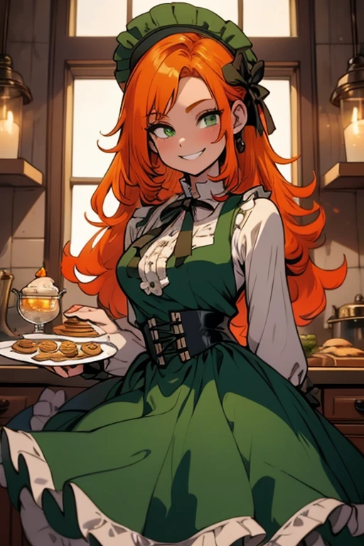 Perfect face. Perfect hands. An orange haired woman with green eyes and an hourglass figure in a Lolita maid dress is smiling while preparing a tray of cookies and tea in a fancy kitchen