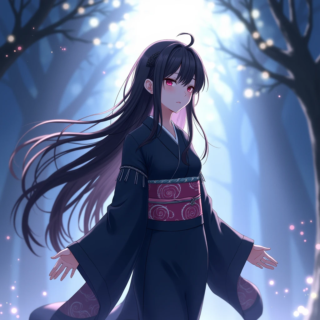 Light from above、Long black hair, One person, bangs, Pink Eyes, Shut your mouth., Anime Style, Black kimono braids, 