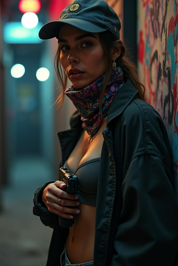 Woman with cap and bandana over her mouth, grabbing a gun 