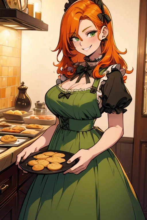 Perfect face. Perfect hands. An orange haired woman with green eyes and an hourglass figure in a Lolita maid dress is smiling while sitting on the counter of a fancy kitchen