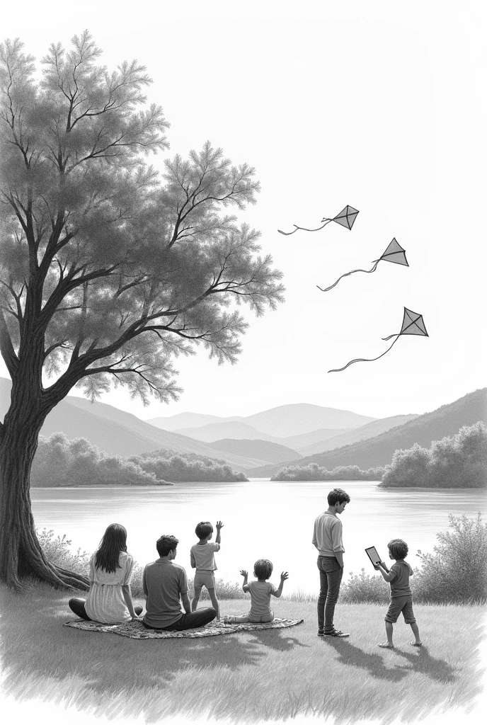 Make a landscape with graphite drawing style, that has people