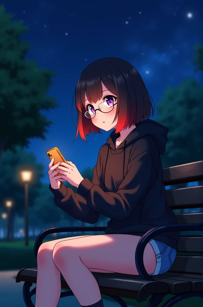 animation Boku no hero academia high school girl, Dark brown hair, red hair tips, short hair, purple eyes, with rimless lenses below, dressed in black sweatshirt, short jean shorts, black and black buccaneer socks. Sneakers, with a phone in his hand sitting on a park bench, night park background