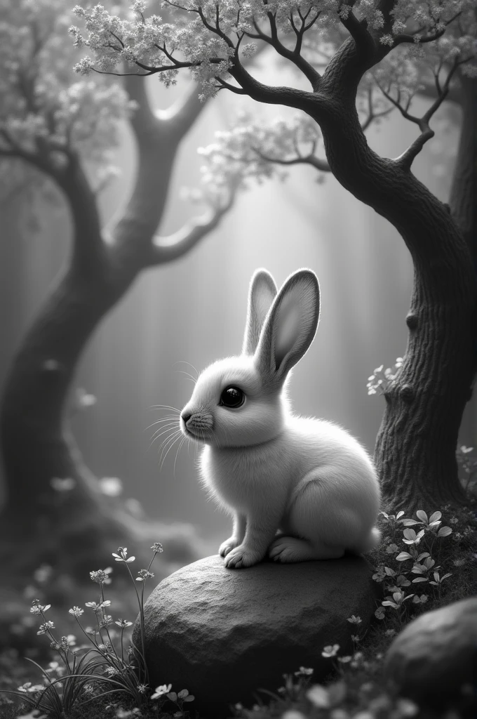 A rabbit in a magical black and white forest