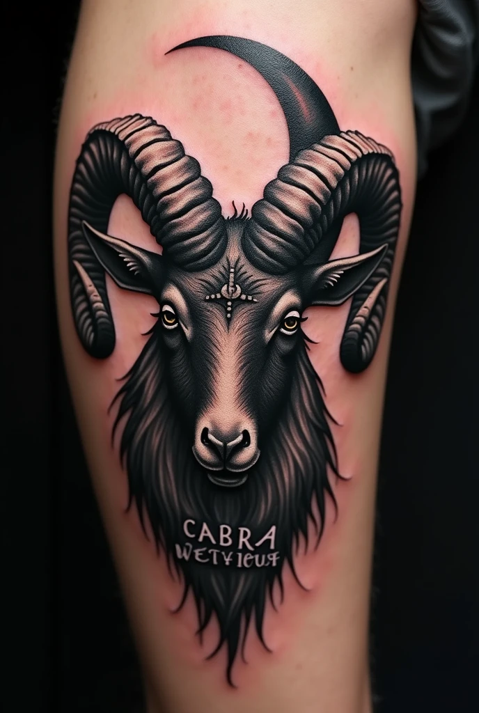 Goat head with horn for tattoo with crescent moon letter written BLACK GOAT in Spanish above the head, image on the skin