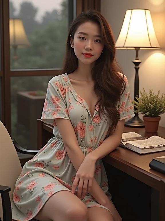 {Ultra-realistic, 4k, professional photo,age 21, 1girl, skinny body},{brunette hair, shy smile, HDR, detailed face},{cloth: casual dress, pajamas, colourful, no makeup},{pose: sitting, rest on a small desk with a lamp}, {Masterpiece, (lighting), Night,(1solo), realistic background, realistic photo}