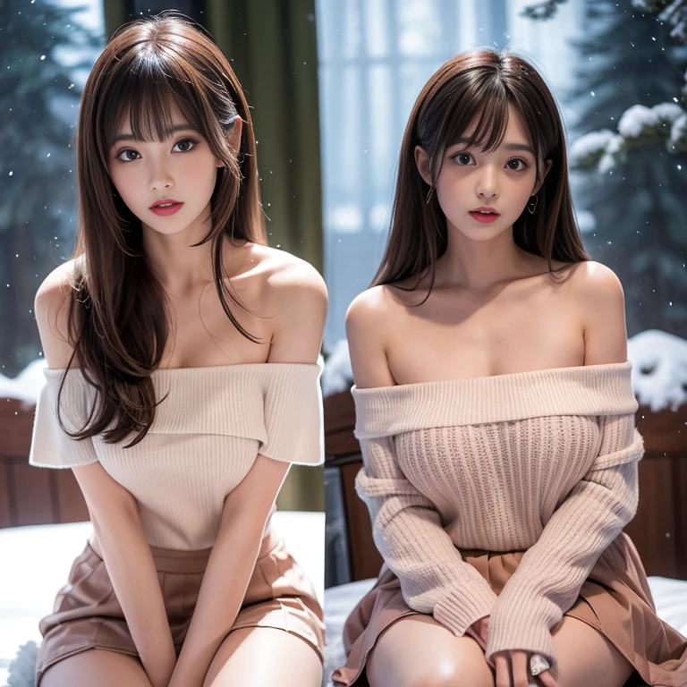 long skirt, pink skirt, (knee shot), 1 woman, On the face, light brown hair, blunt bangs, hair behind ears, Hair over the shoulders, long hair, Slender body type, Super thin face, face slimming, delicate lips, beautiful eyes, Thin blush, Eyes are light brown,Check it out here, (realistic:1.3), There is a coniferous forest with heavy snow., It's snowing .One person's perspective, 8k, On the table, , Super detailed, high quality, best quality, High resolution, ,Large Breasts,H CUP, off -shoulder top