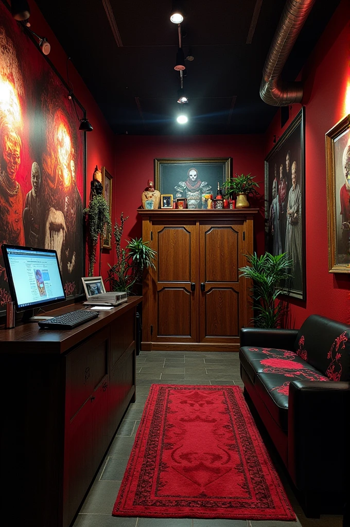create the design of a reception room of an entertainment store (escape room) with horror movie decor, Ghostface, Freddy Krueger, annabelle, It e Jigsaw,  with a sofa and coffee table. There is also a closet for customers to store their belongings and a receptionist&#39;s desk., with a computer 