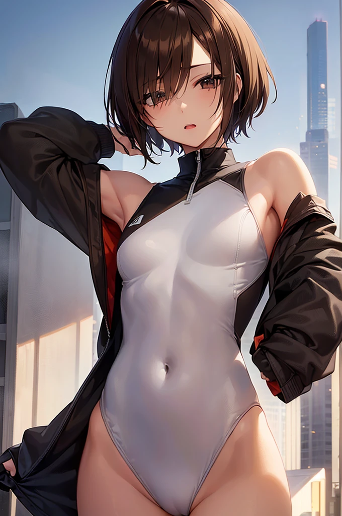 masterpiece, best quality,anime style, 1 girl,(((slender body))), (((small eyes))),(((athlete suit))), (beautiful face), (((short hair))), (((straight hair))), ((((brown hair)))),detailed beautiful skin, (perfect hands, perfect anatomy),scream