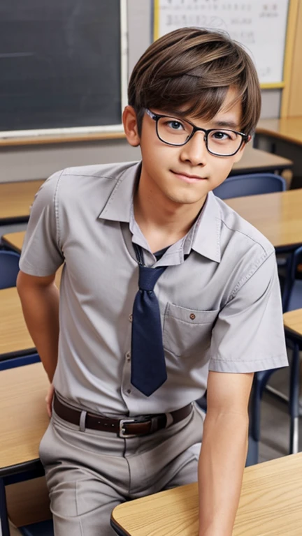 Highest quality、Realistic、、Japanese、zoom、man、、cute、classroom、Grey Eyes、Light brown hair、short hair、White short-sleeved open-collar shirt、Grey slacks、Glasses、thin、Cowboy Shot