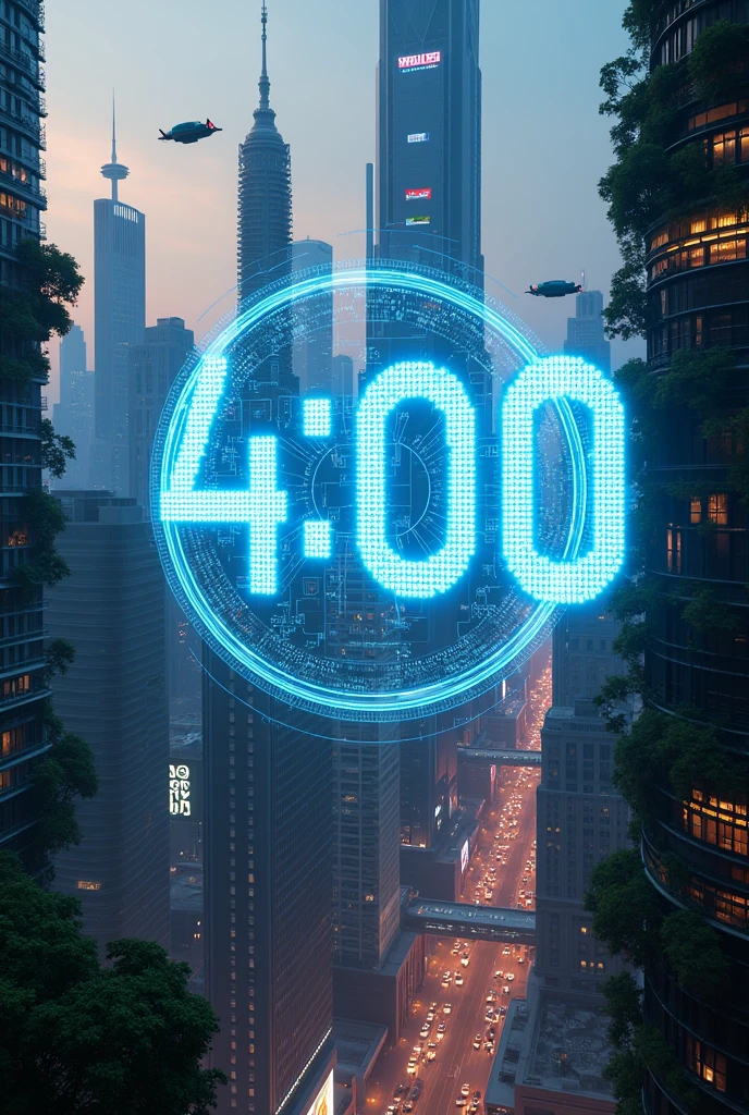a clock in a futuristic world shows 4:00