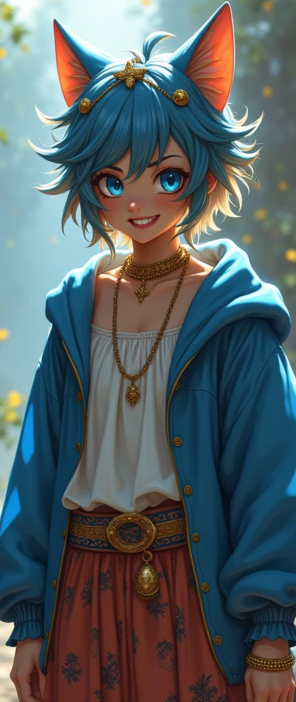 (masterpiece, Highest quality), Intricate details,, One person, mouth, Multicolored Hair, blue eyes, Shark hair accessory, Gold Hair Ornament, gold choker, Gold bracelet, Sharp teeth, Grin, Blue hoodie,, Greek clothing, Peplos,