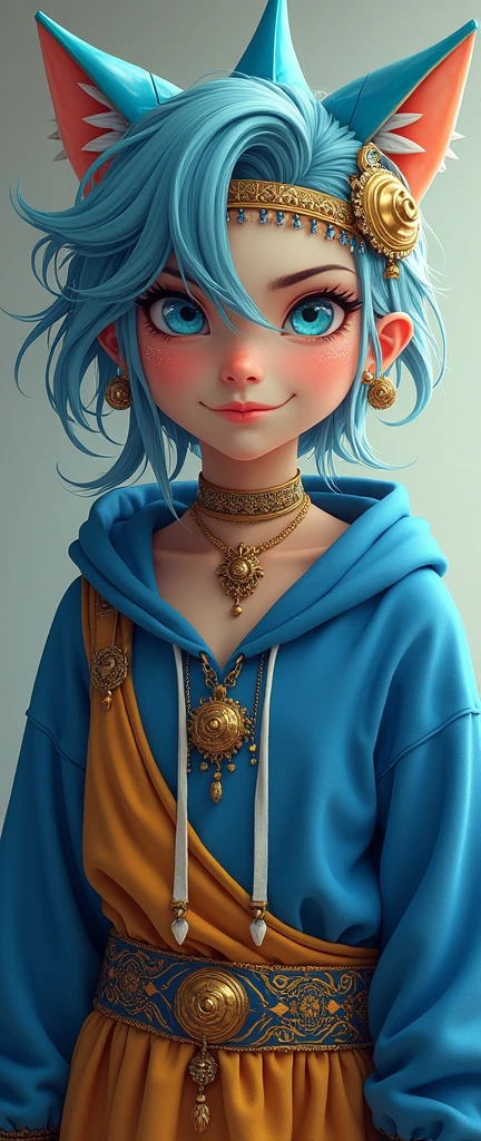 (masterpiece, Highest quality),  Intricate details,, One person,     mouth, Multicolored Hair, blue eyes, Shark hair accessory, Gold Hair Ornament, gold choker, Gold bracelet, Sharp teeth, Grin, Blue hoodie,,  Greek clothing, Peplos,