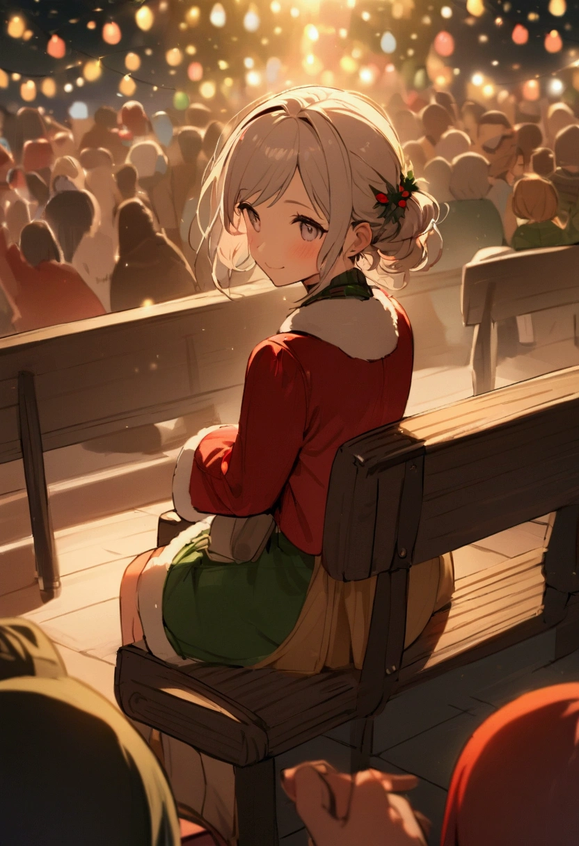a girl sitting on a leather bench looking at the horizon in first person, where there is a crowd of happy people dancing in celebration of Christmas