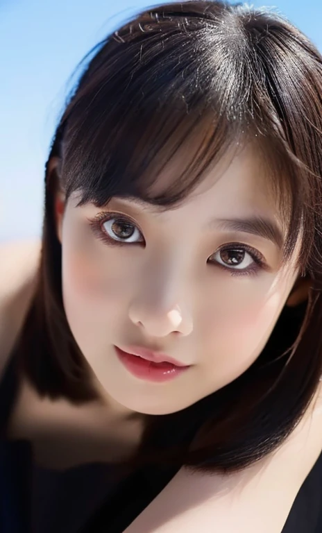 ( (((A beautiful woman))), ((beautiful sky)),(((detailed face))),(cute bob hair),normal breasts,pretty,sleeveless turtle neck, mini-skirt, white silky clothes, 4k , super high resolution ,(photo-realistic: 1.7),dark background,black short hair, ((SFW)), cowboy_shot, high angle shot, bokeh, SFW, )