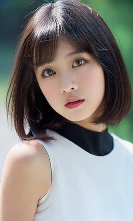 ( (((A beautiful woman))), ((beautiful sky)),(((detailed face))),(cute bob hair),normal breasts,pretty,sleeveless turtle neck, mini-skirt, white silky clothes, 4k , super high resolution ,(photo-realistic: 1.7),dark background,black short hair, ((SFW)), cowboy_shot, high angle shot, bokeh, SFW, )