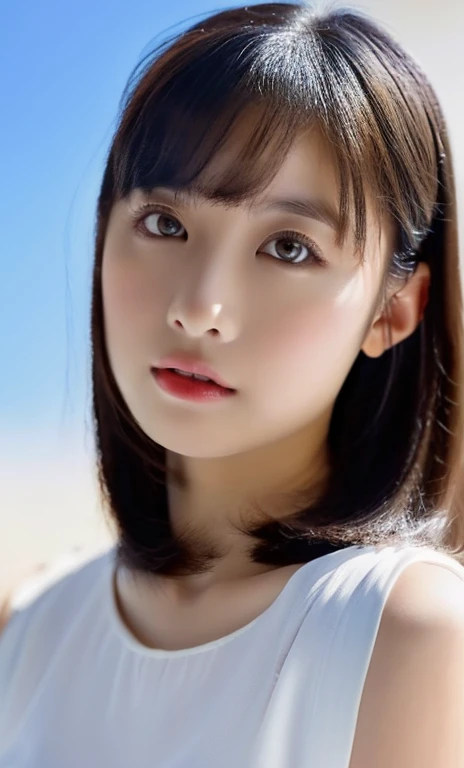 ( (((A beautiful woman))), ((beautiful sky)),(((detailed face))),(cute bob hair),normal breasts,pretty,sleeveless turtle neck, mini-skirt, white silky clothes, 4k , super high resolution ,(photo-realistic: 1.7),dark background,black short hair, ((SFW)), cowboy_shot, high angle shot, bokeh, SFW, )