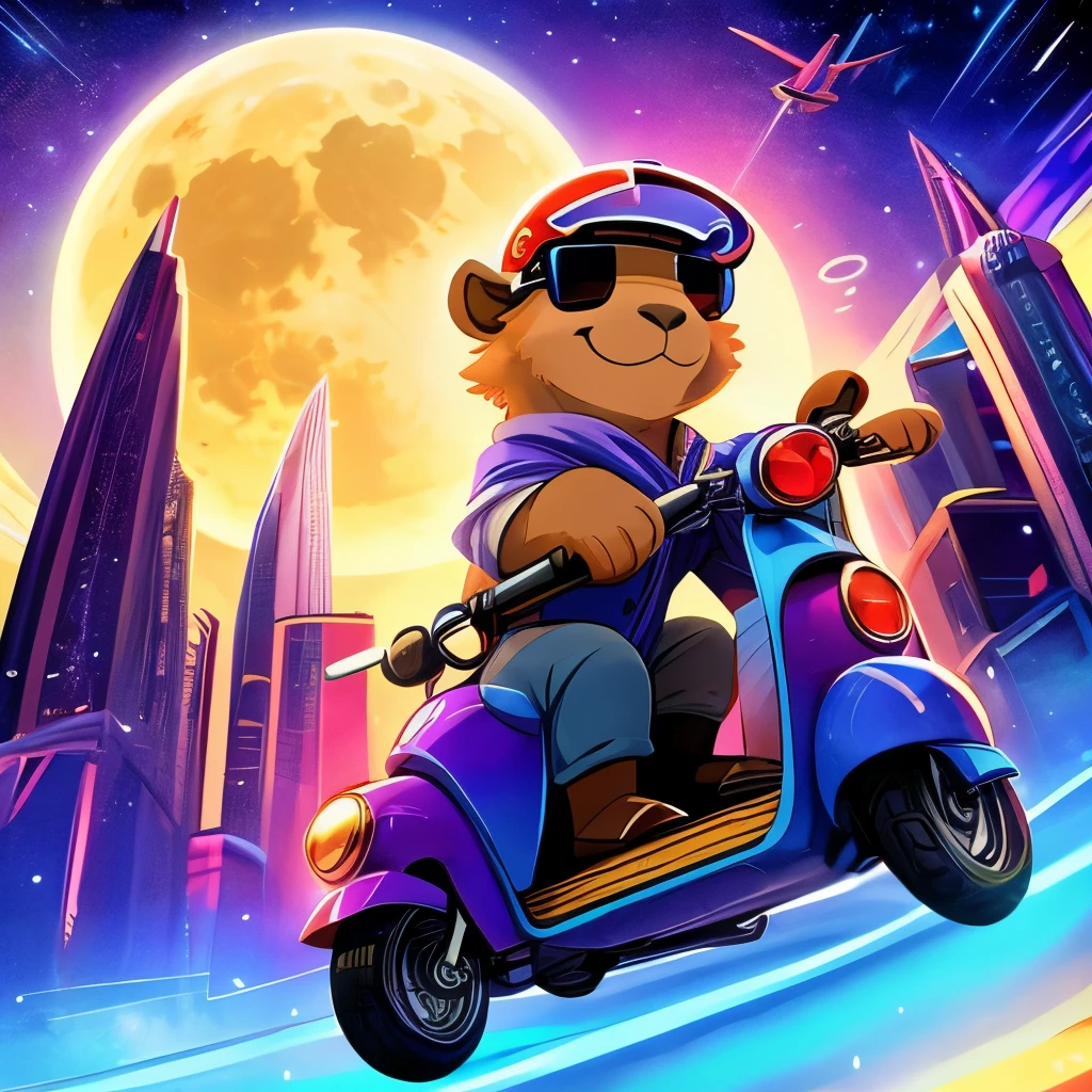 A masterpiece, a psychedelic 360 degree flashing star and old postcard landscape with a super moon, a cute smiling capybara wearing a helmet and sunglasses flying into the sky on a flying three-wheeled scooter, anime style, cyberpunk
starbeam beam trumpcardbeam comical