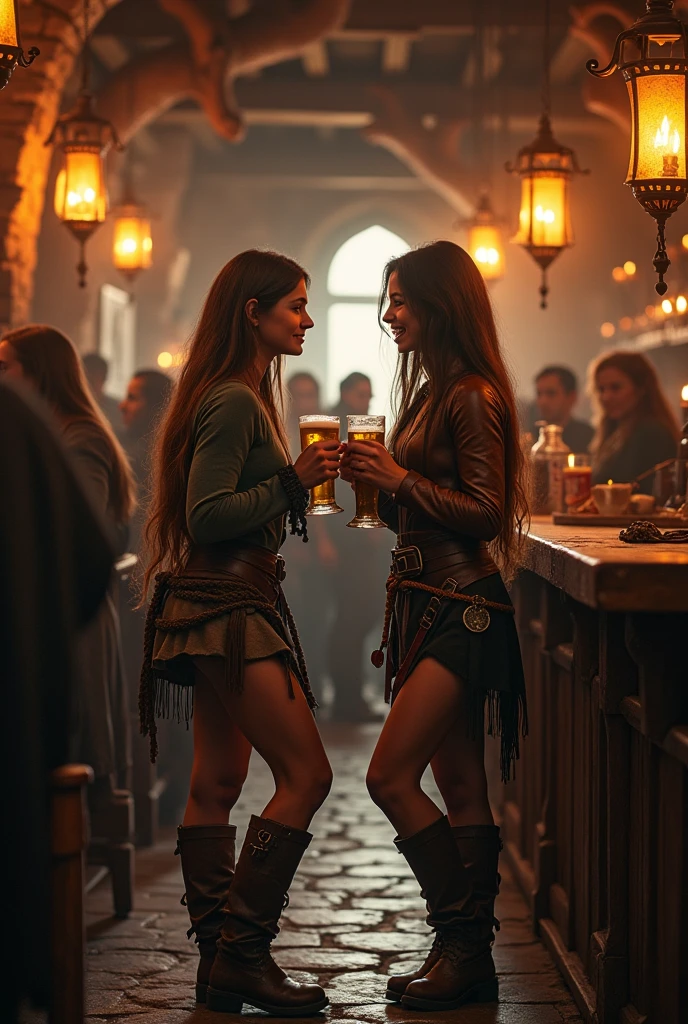 uma taberna medieval, Two girls, drinking near the counter, skirt short, forest archer clothes, animal skin boots, layer, Long, straight hair