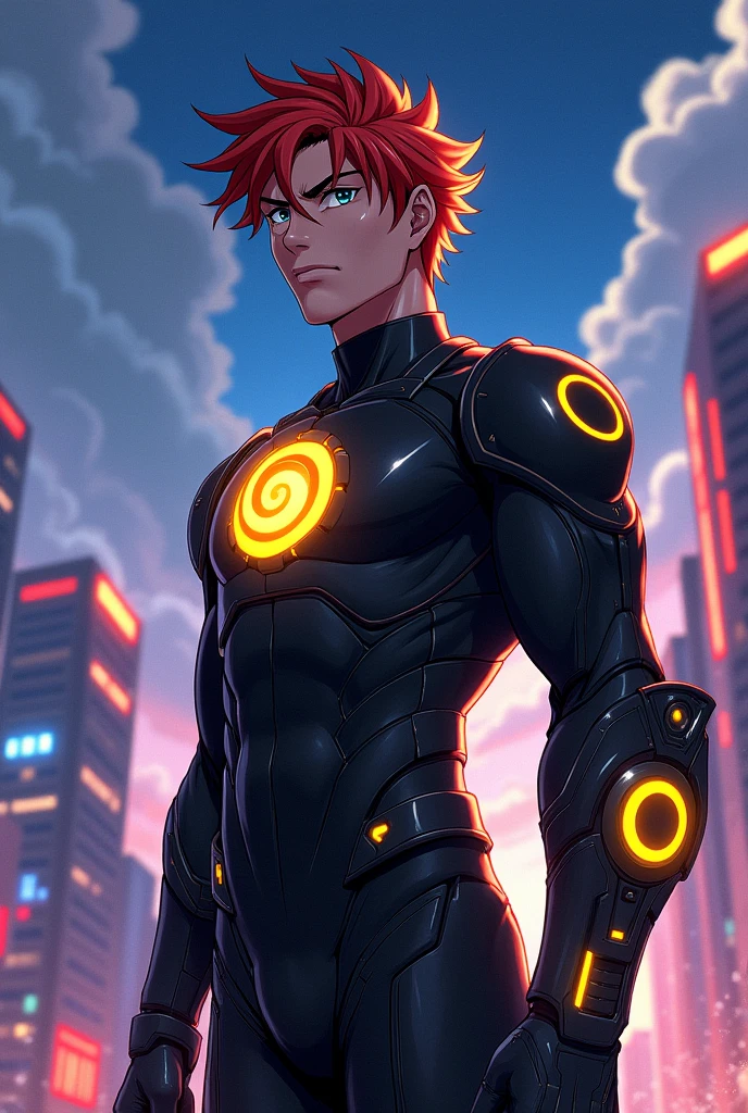 Make me a superhero whose suit is black, with a spiral emblem, on his chest, with yellow details and has a high-tech device on his left forearm, that carries a vision in his eyes and in anime version , that her suit looks futuristic and her hair is visible