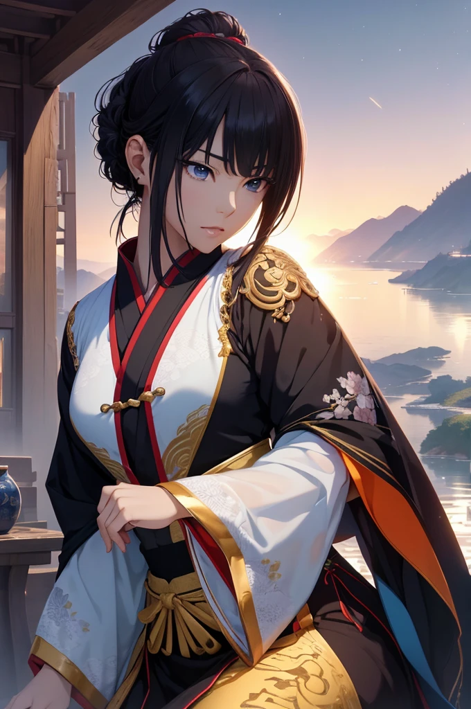 ancient chinese landscape、Waterfront、Rich historical background. (Highest quality,4K,8k,High resolution,masterpiece:1.2), Very detailed, (Realistic,Realistic,Photorealistic:1.37), High resolution, Hyper HD, Studio Lighting, Ultra-fine painting, Sharp focus, Physically Based Rendering, Very detailed説明, Professional, Vibrant colors, Bokeh, Sports Late, Ancient War Landscapes, Traditional Chinese Painting Techniques, Atmospheric lighting, Vivid color contrast, Visually stunning composition, Ethereal atmosphere,Very detailed目と顔, Beautiful attention to detail, Light on the face, (Hanfu: 1.1),My clothes are wet and transparent、Nipples are visible
