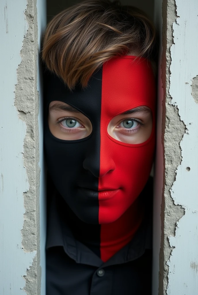(photorealism:1.2), white background, concrete wall, man, without beard, showing only his face, brown hair, short hair, with a mask divided by color red and black