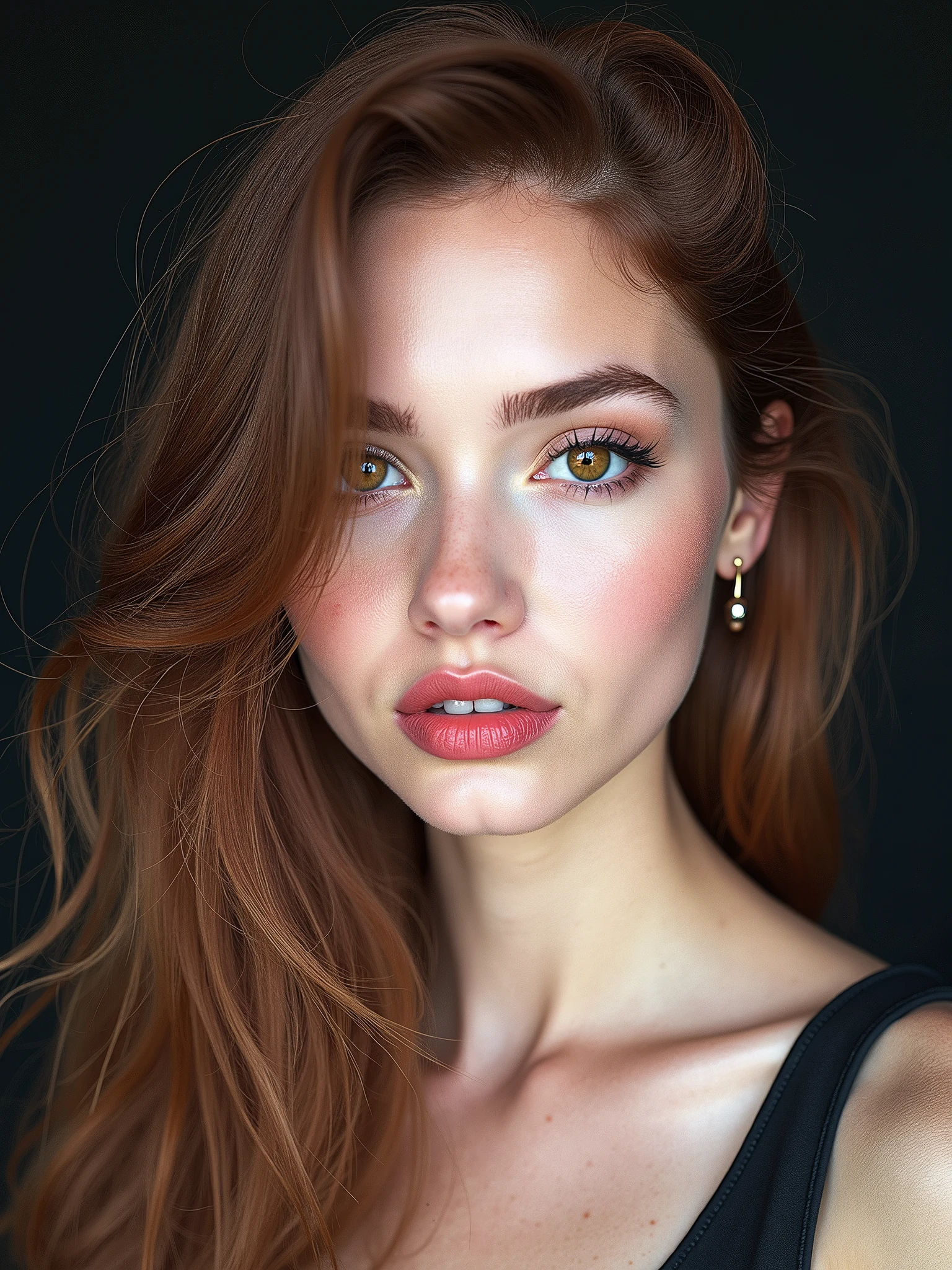 a woman with red hair, hyper-realistic skin, shiny/glossy, modern jewelry, gongbi, portraiture, dark teal and light gold, tropical landscapes, Face portrait photo oF a 21 Year-old German woman, .raw, beautiFul woman, half strawberry lips, strawberry lipstick, Fossettes, big breast, realistic legs, high heels, nostalgic look, detailed light brown eyes, great student, thin eyelashes, (Brown extra long blond hair), ((detailed Face)), ((detailed Facial Features and skin texture)), (Finely detailed skin), light brown skin, (Deep neckline detailing high-tech cyberpunk dress), Cyberpunk big city environment, (cold colors), moist, moist, reFlections, (masterpiece) (height ratio / perfect width) (photo realist) (best quality) (detailed) Shot with Canon EOS R5, ObjectiF 50mm, F/2.8, human development report, (8k) (wallpaper) (light) (Dramatic Light) (sharp focus) (complicated), sharp details, skin detail sharpness,