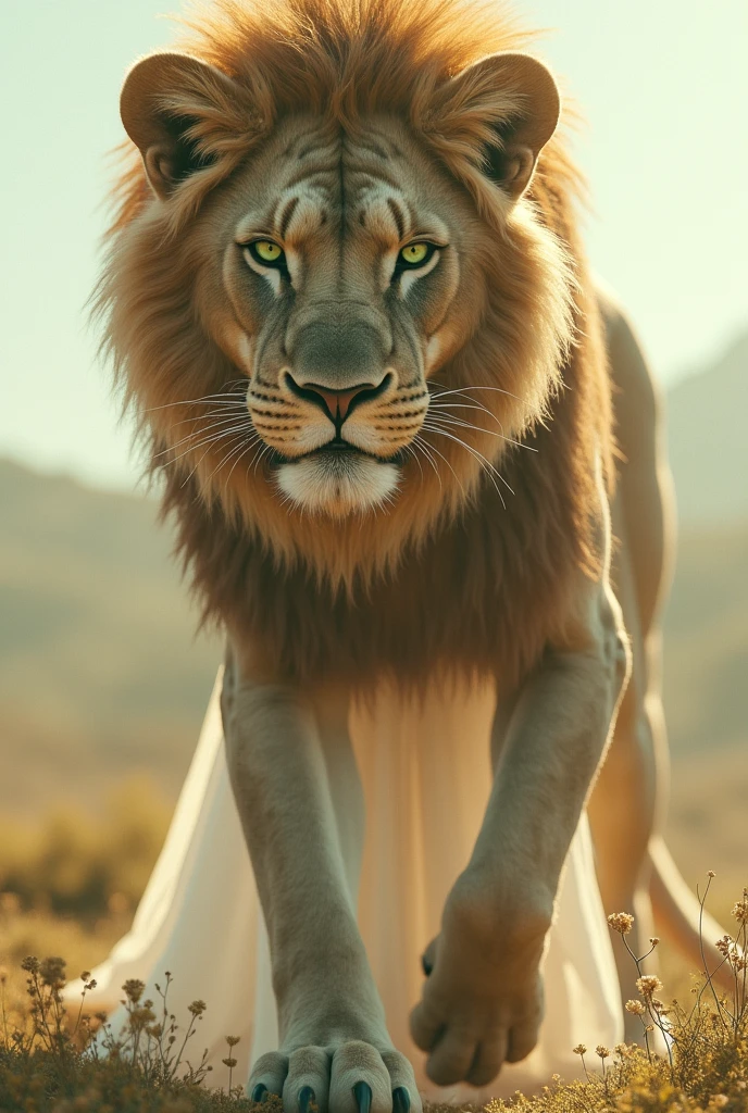 close up, furry, anthro, giant female lion, lioness, lion ears, antrophomorphic, light green eyes, razor sharp teeth, slim body, muscular body, handsome, slender, lanky body, really long arms, really long legs, tall, wearing a white dress, pawpads, alone