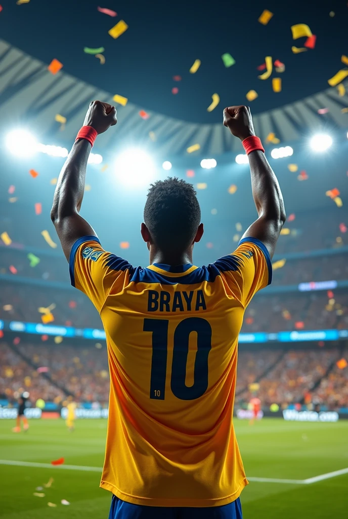 Make a black football player celebrating a goal showing his shirt with number 10 whose name is Braya