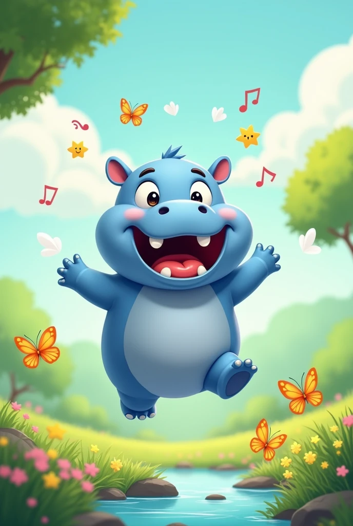 A happy hippo jumping with hiccups in simple cartoon style