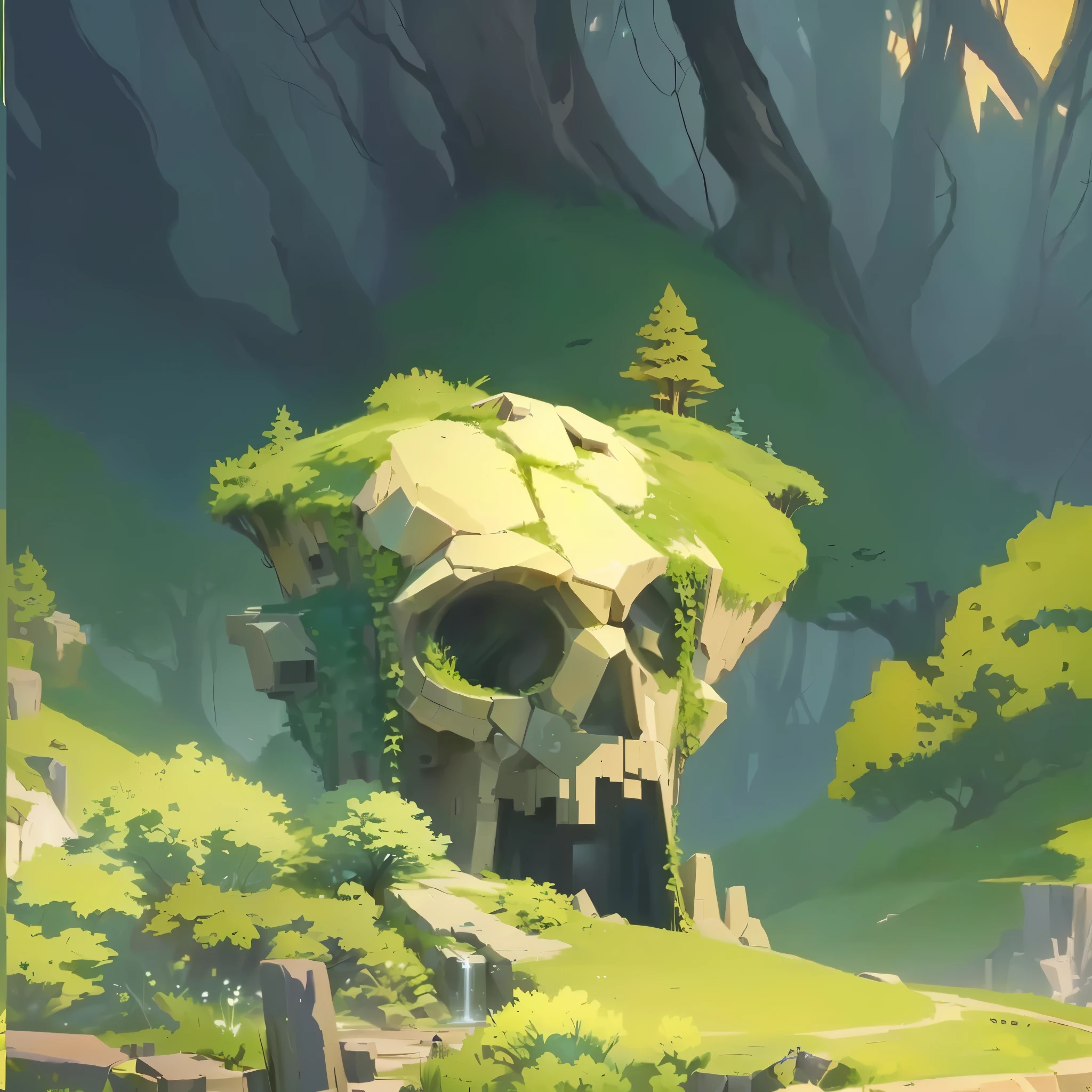 On a hill in the middle of the forest,There is a hole, stylized concept art, Environmental Art, environment design illustration, wakfu color + symmetry, Environment and concept art, 以Game concept art形式进行绘制, Environment Concept Art, Game concept art, 详细的Digital Concept Art, a very cohesive style of artwork, 2D Concept Art, Digital Concept Art