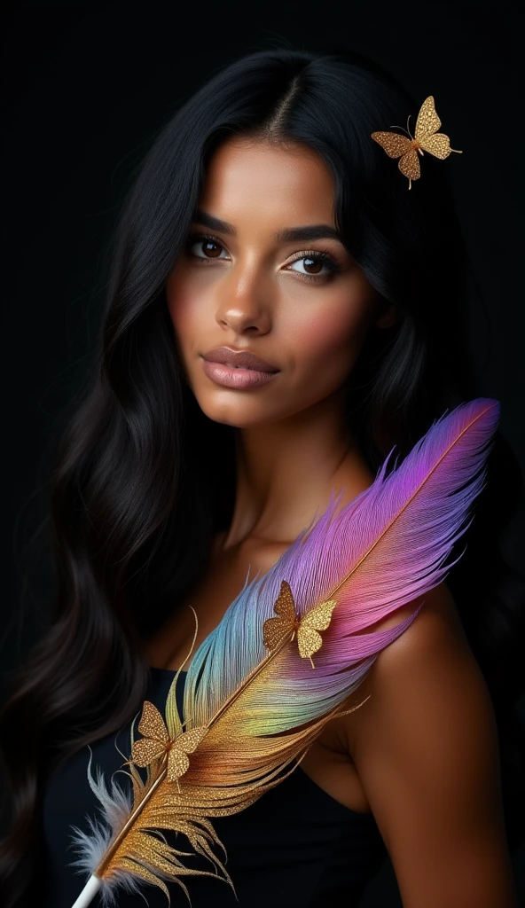 Create a captivating portrait of a young Latina woman with long, flowing black hair that gleams with a natural, radiant shine. Her hair cascades down her back in soft waves, catching the light in mesmerizing highlights that reflect its healthy luster. Her expression is confident and serene, framed by the rich, dark tones of her hair that contrast beautifully with her glowing skin.

Set against a minimalist black background, the scene also features a stunning and luminous feather adorned with multicolored, glowing hues and intricate golden details. Vibrant golden butterflies perch upon the feather, their wings shimmering in sparkling pastel colors. The overall composition exudes elegance, colorful sophistication, and magic, capturing the essence of luxurious, healthy hair in a sophisticated and artistic manner, while also embodying the wonder and creativity that the course offers.