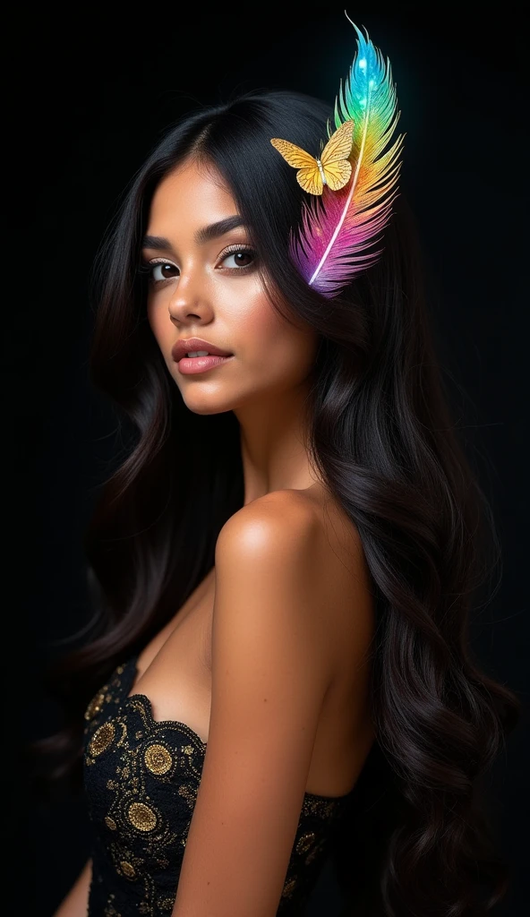 Create a captivating portrait of a young Latina woman with long, flowing black hair that gleams with a natural, radiant shine. Her hair cascades down her back in soft waves, catching the light in mesmerizing highlights that reflect its healthy luster. Her expression is confident and serene, framed by the rich, dark tones of her hair that contrast beautifully with her glowing skin.

Set against a minimalist black background, the scene also features a stunning and luminous feather adorned with multicolored, glowing hues and intricate golden details. Vibrant golden butterflies perch upon the feather, their wings shimmering in sparkling pastel colors. The overall composition exudes elegance, colorful sophistication, and magic, capturing the essence of luxurious, healthy hair in a sophisticated and artistic manner, while also embodying the wonder and creativity that the course offers.