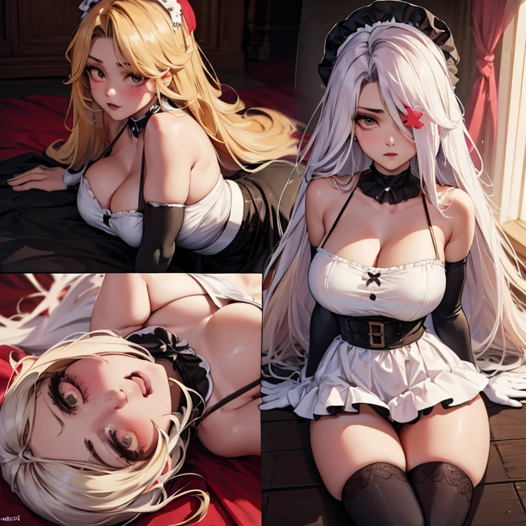 on fours, back view, sex(masterpiece, best quality:1.4), absurdres, highres, ultra detailed, beautiful, (maid), (perfect face, detailed face, beautiful:1.3),(natural breasts, cleavage), collarbone, fingerless gloves, gloves,spaghetti strap top, black pencil skirt, tight, over the knee skirt, hat, elegant maid outfit, thighhighs, thick thighs, thighs, multiple belts, More detailed 8K.motor irreal:1.4,UHD,La mejor calidad:1.4, fotorrealista:1.4, textura de la piel:1.4, obra maestra:1.8,obra-prima, mejor calidad,objeto Objeto], (detailed face features:1.3),(manos detailed)