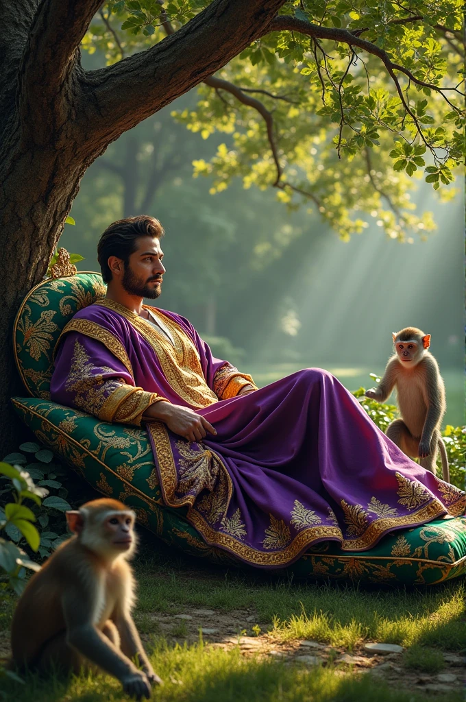 King Resting Under a Tree: The king lying down peacefully on a soft, embroidered cushion under a large, shady tree in the palace garden. The monkey is sitting nearby, alert and watchful, as the king rests.