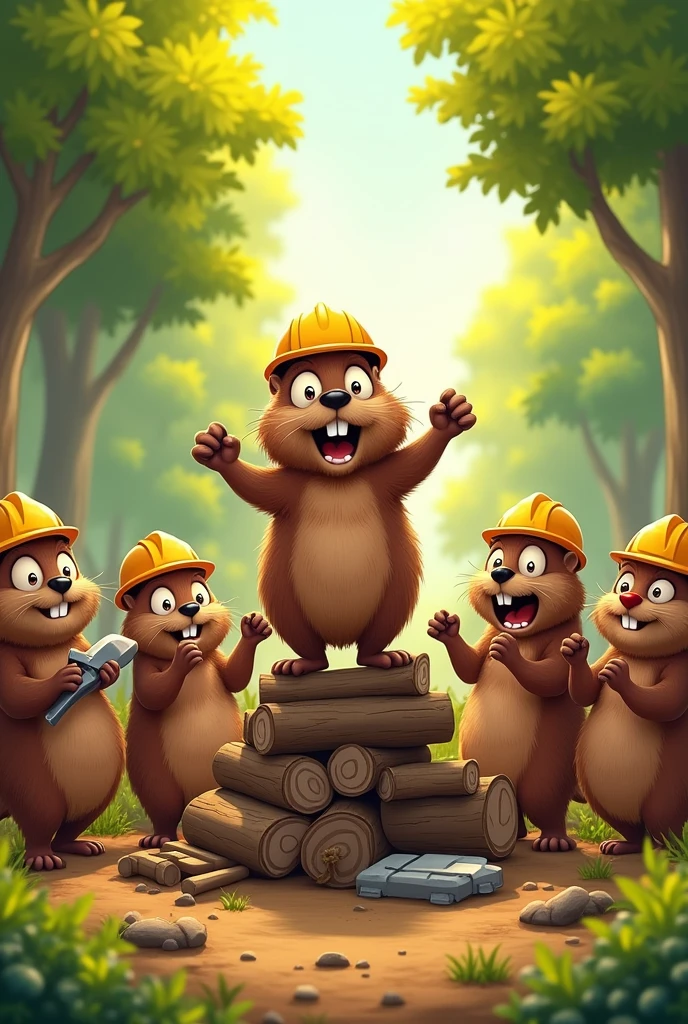Draw a group of beavers determined to quit working in cartoon style as a drawing  
