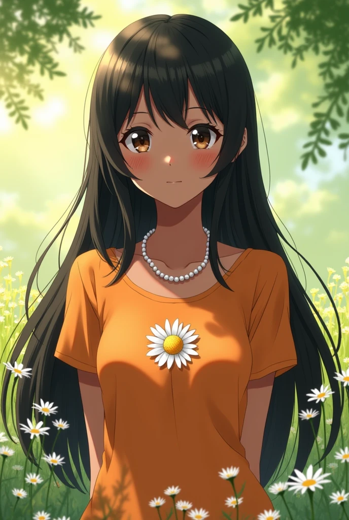 Dark skinned anime girl, long black hair dark eyes? Orange top with a daisy in the center and a pearl necklace