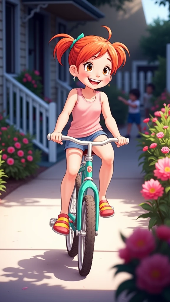 riding a bicycle, on the sidewalk,