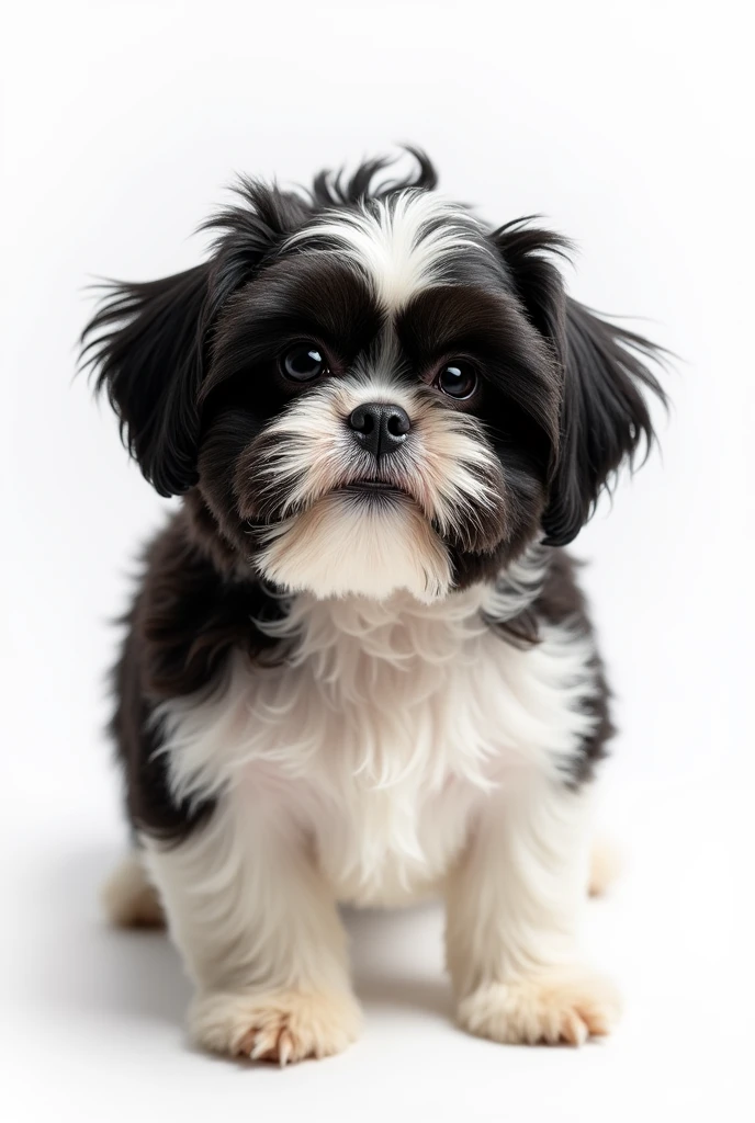 (8k, CRU photo, highest quality) (((full body shot:1.3))), small breed dog, Shih Tzu, with fur in deep black and white colors. The entire body of the dog must be fully visible within the frame, with no parts cut off. Background must be completely white, like a studio backdrop, with no shadows, distractions, or details, just a plain white surface. (((dynamic pose:1.3))), ((movement pose:1.2))), soft lighting, cinematic lighting, realistic fur, ((pores)), ((high detail fur)), light volumetric, hyper-realistic, vivid details, clear as crystal, 8K UHD, ultra photo realism, best quality, work of art, extremely detailed CG, unity, wallpapers (realistic, photorealistic:1.37), shining, fine-details, correct body structure, (((Depth of field:1.5))), (((atmospheric perspective:1.4))). The entire photo must be 100% sharp, fully in focus, with all details crisply defined.