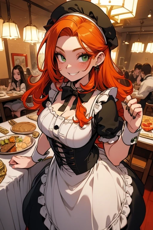 Perfect face. Perfect hands. An orange haired woman with green eyes and an hourglass figure in a maid dress is smiling while setting a table in a fancy maid cafe
