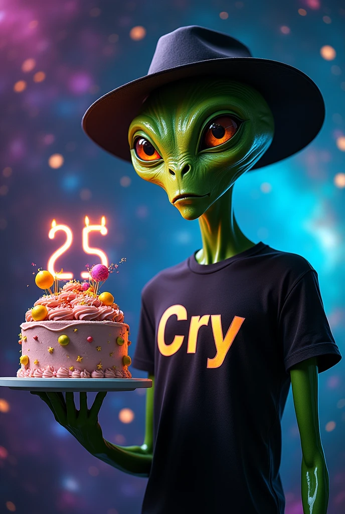male alien, dressed in a black hat and t-shirt with the name Cry on it and carrying a 25th birthday cake with realistic and intricate details