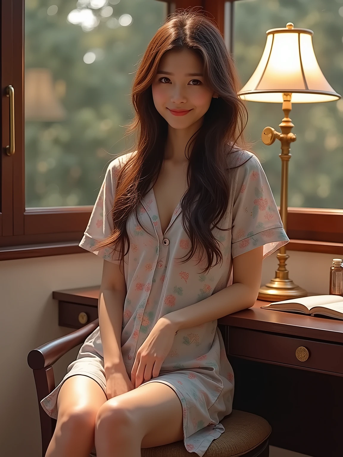 {Ultra-realistic, 4k, professional photo,age 21, 1girl, skinny body},{brunette hair, shy smile, HDR, detailed face},{cloth: casual dress, pajamas, colourful, no makeup},{pose: sitting, rest on a small desk with a lamp}, {Masterpiece, (lighting), Night,(1solo), realistic background, realistic photo} 