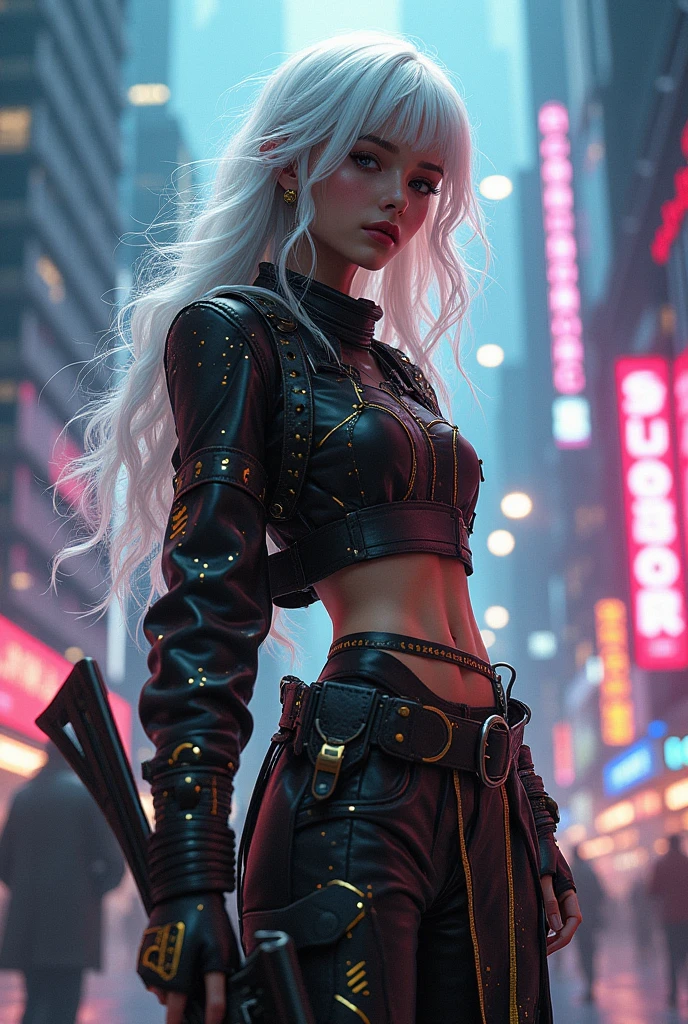 (Highest quality,8k,32K,masterpiece,Ultra-high resolution,(Photorealistic:1.4),RAW Photos, Cyberpunk Girl, , Silver Hair Cyberpunk Fashion, Very fine clothes, Half Body Shot, ,Mechanic Art Fractal Art Backlight effect, Lens flare, Depth of written boundary,cbpkv5 Super detailed Surreal Black and gold intricate design Pose holding a sniper rifle
