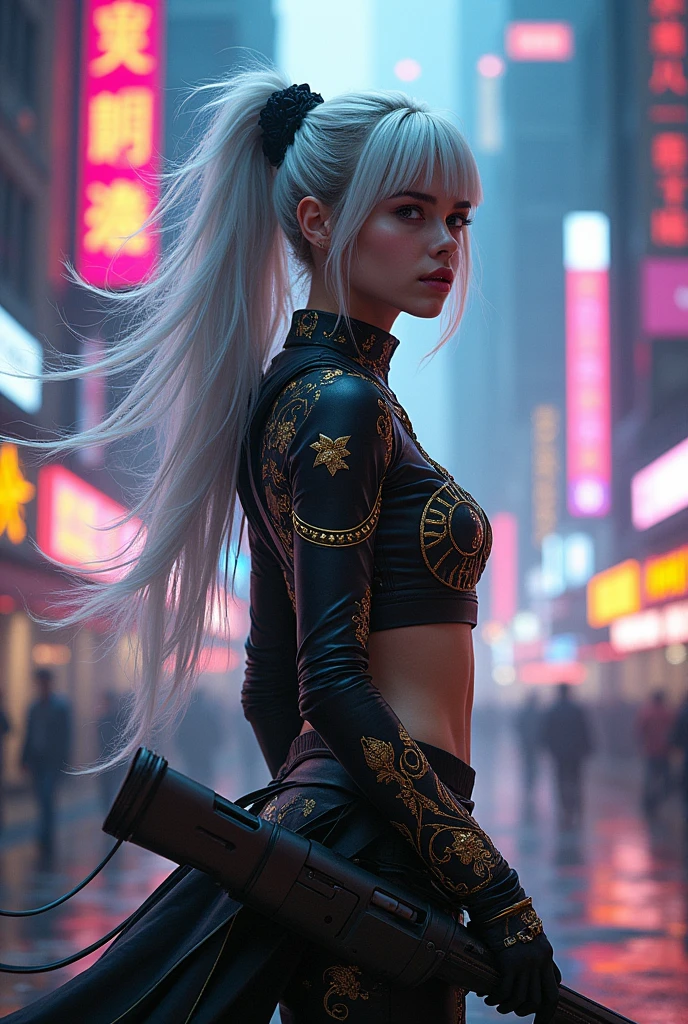 (Highest quality,8k,32K,masterpiece,Ultra-high resolution,(Photorealistic:1.4),RAW Photos, Cyberpunk Girl, , Silver Hair　Cyberpunk Fashion, Very fine clothes, Half Body Shot, ,Mechanic Art　Fractal Art　Backlight effect, Lens flare, Depth of written boundary,cbpkv5　Super detailed　Surreal　Black and gold intricate design　Pose holding a sniper rifle