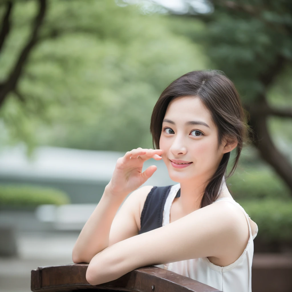 a Close-up portrait of gorgeous smiling cute Japanese woman in a nudity outfit, delicate facial features, porcelain-skinned, ponytail, a fusion of young Marion Cotillard's striking eyes and young Anne Hathaway's introspective gaze, long and slender cute face, Asian winged eyes, wavy nose, full wide lips, flowing very long straight black hair in the air, reaching out her hand to the viewer and snapping her fingers, silhouette, bokeh,