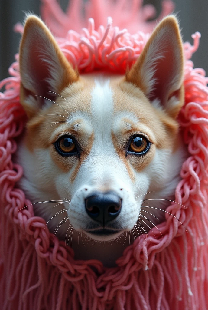 Anthropomorphic Dog close-up, intricate details, detailed fur, Intricate Grimbly artwork, living loom behind, Pink, Beautiful, Detailed eyes