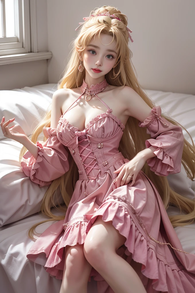 cool_dress((Girl lying in bed))、A beautiful and moving woman, in an elegant pose, her full breasts on display.,Visible cleavage,Sexy long legs,Variety of slim and cute beauties, Her long hair cascades down her shoulders like a waterfall。She smiles radiantly,Eyes sparkle,Her skin is flawless。Her curves are highlighted。Sparkle in the light,The colors are soft,Perhaps in shades of light pink or lavender。She lay confidently,One hand on hip,Her posture is both graceful and strong。She wears elegant high heels,Goes well with her outfit。In the warm golden sun。The overall atmosphere of the image is tranquil and uplifting,Emphasizing natural beauty and elegance, Studio Lighting,Bright colors, Sweet maiden, sweet smile, make up,shy,Blush,Parted lips,Heavy breathing,moan,Surrealism,Realism,Movie Lighting,Relief,Sony FE GM,Retina,masterpiece,precise,Anatomically correct,Textured Skin,Super Detail,High Detail,best quality,rich and colorful