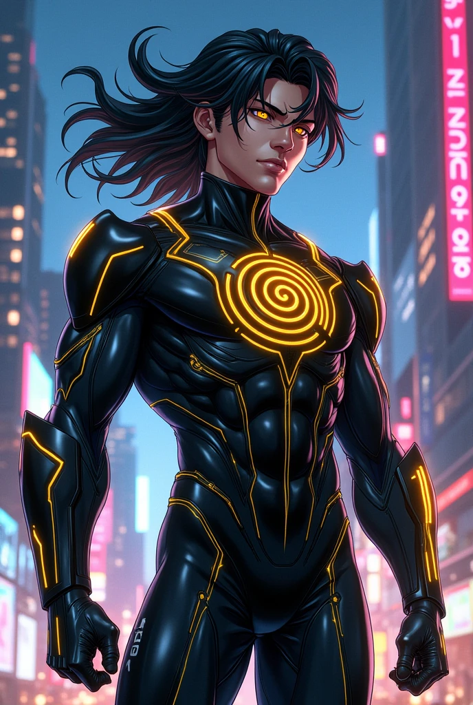 Make me a superhero whose suit is black, with a spiral emblem, on his chest, with yellow details and has a high-tech device on his left forearm, that carries a vision in his eyes and in anime version , that her suit looks futuristic and her hair is visible