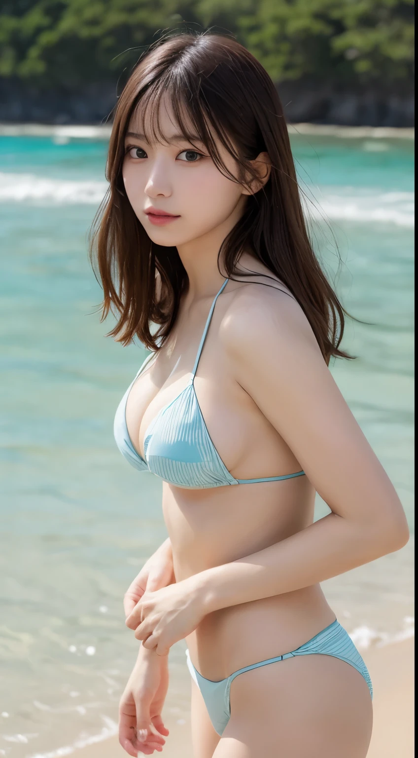 masterpiece, Highest quality, shape, Very detailed, In detail, Highest Resolution, 8k wallpaper, Perfect dynamic composition, Beautiful details, Natural Lip, bikini, Cleavage, whole body, At the Beach, G-string,Looking into the camera,stand,whole body