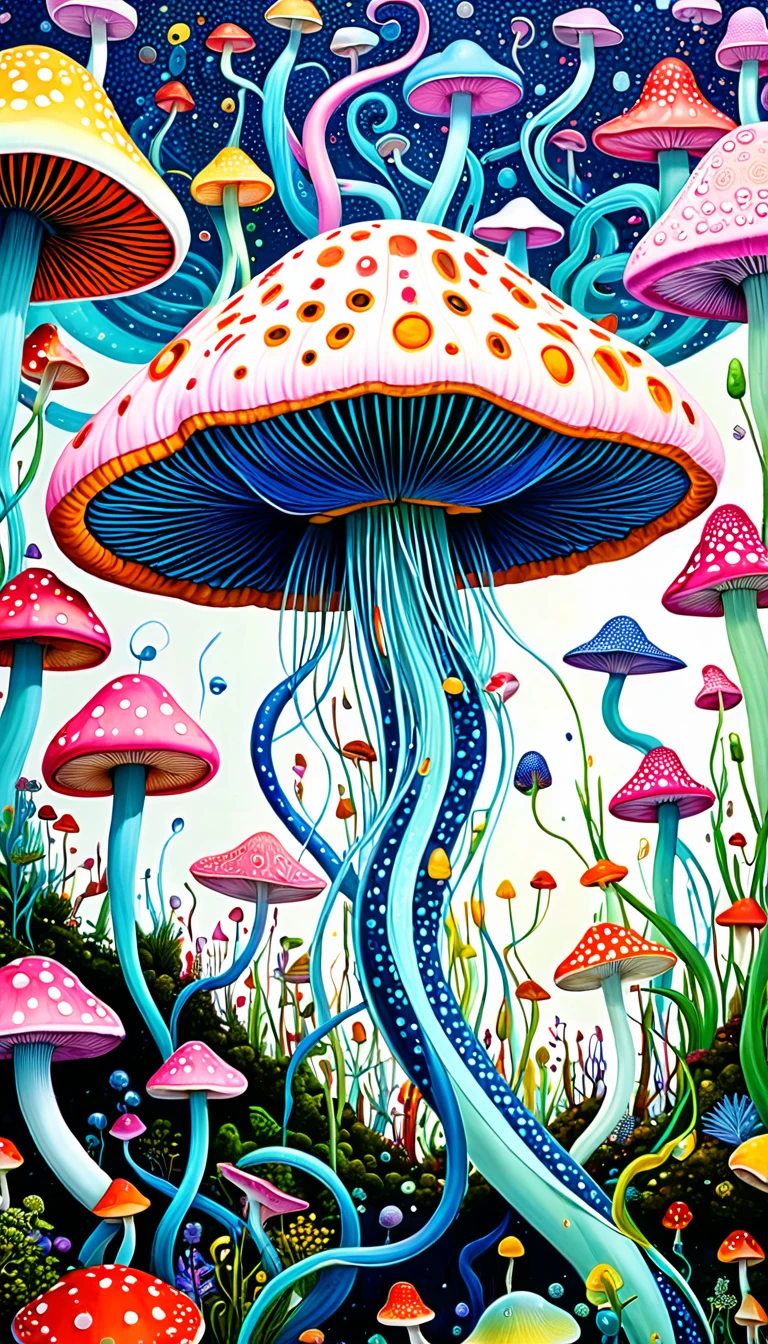 &References;Dick Ellescas Artist Style&References;,Mushroom UFO，Tentacles瀑布，fish，Tentacles，bird、Eye、diatom，Abstract mosaic painting，Describing the inner world of autistic people，Sense of space，White space，interesting，Innocence，Psychedelic Art，Pointillism method，Pink Theme