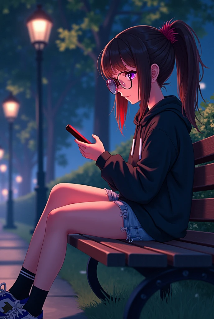 My hero academia high school girl, Dark brown hair, red hair tips, hair past shoulder length, purple eyes, with rimless lenses below, dressed in black sweatshirt, short jean shorts, black and black buccaneer socks. Sneakers, with a phone in his hand sitting on a park bench, night park background